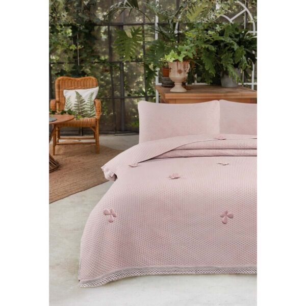 Trapuntino matrimoniale rosa 260x260 con applicazione farfalle e merletto Mariposa Collection di Blanc Mariclò