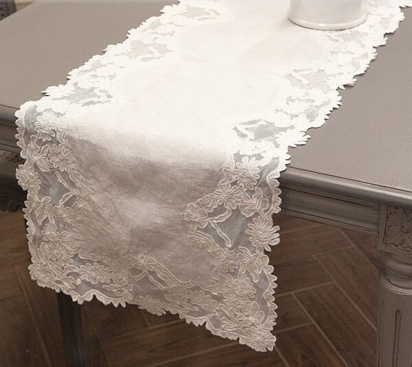 Runner in lino naturale con decoro intagliato bianco 40x180 Ermes di Mia